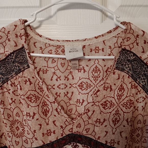 Knox Rose Burgundy Mix Boho Print Semi Sheer Ruffled 3/4 Sleeve & Tiered Hem XXL - Picture 3 of 8